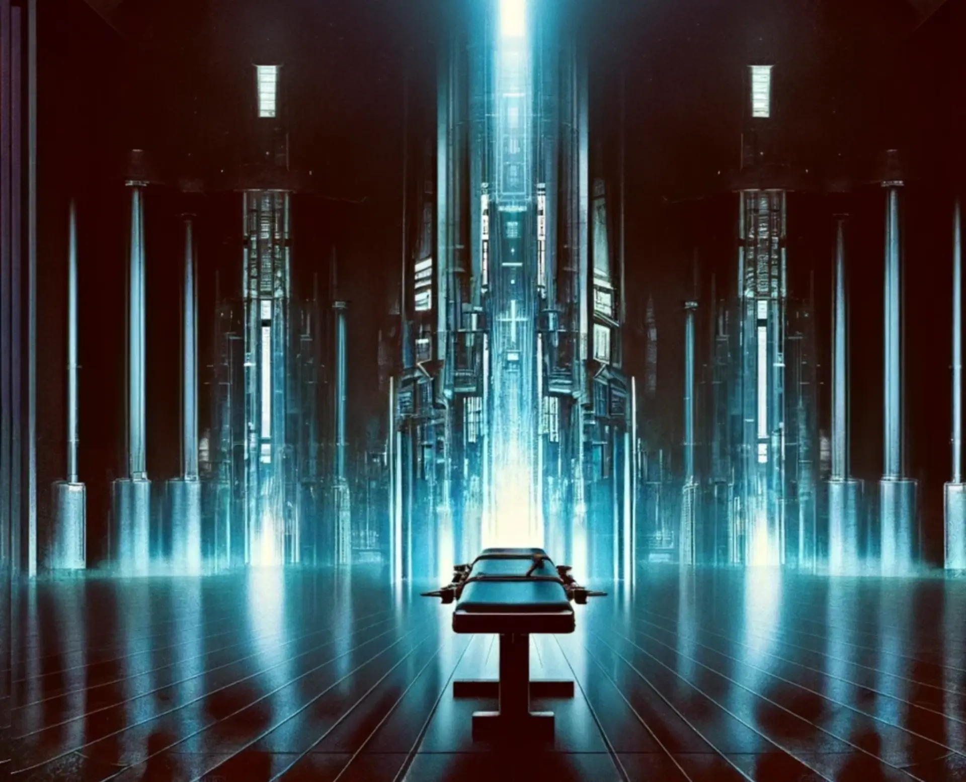 Ambiente futurista do Fórum da Verdade — IA e julgamento digital